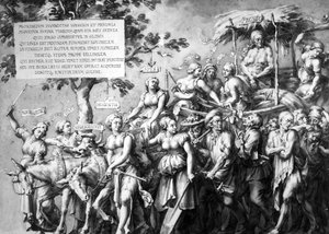 गरीबी की जीत, जन डे बिस्चॉप द्वारा खींची गई, c.1650 (कलम, कागज पर स्याही से धोना) द्वारा हंस होल्बिन द यंगर
