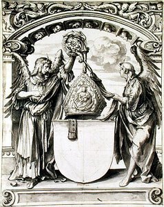 कांच की पेंटिंग के लिए डिजाइन, c.1520 (कागज पर काले चाक के साथ पेन और ग्रे वॉश) द्वारा हंस होल्बिन द यंगर