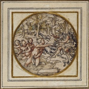 डायना और एक्टन - एक लटकन या टोपी बैज के लिए डिज़ाइन, c.1532-43 (कागज पर कलम और स्याही) द्वारा हंस होल्बिन द यंगर