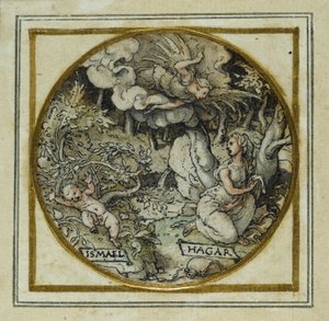 हैगर और इश्माएल - एक लटकन या टोपी बैज के लिए डिजाइन, c.1532-43 (कागज पर कलम और स्याही) द्वारा हंस होल्बिन द यंगर