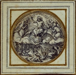 द लास्ट जजमेंट - पेंडेंट या हैट बैज के लिए डिज़ाइन, c.1532-43 (कागज पर कलम और स्याही) द्वारा हंस होल्बिन द यंगर