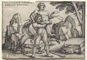 द लेबर्स ऑफ़ हरक्यूलिस: हरक्यूलिस क्रशिंग अनटियस, 1545। द्वारा हंस सेबाल्ड बेहम