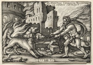 द लेबर्स ऑफ़ हरक्यूलिस: हरक्यूलिस ड्रैगिंग सेर्बस अंडरवर्ल्ड से, 1545। द्वारा हंस सेबाल्ड बेहम