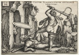 द लेबर्स ऑफ़ हरक्यूलिस: हरक्यूलिस किलिंग द जाइंट कैकस, 1545। द्वारा हंस सेबाल्ड बेहम