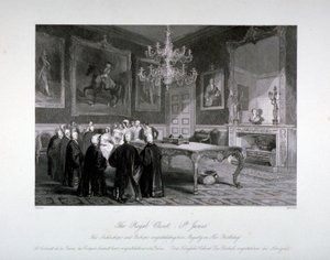 सेंट जेम्स पैलेस, वेस्टमिंस्टर, लंदन में रॉयल कोठरी का आंतरिक दृश्य, c1840