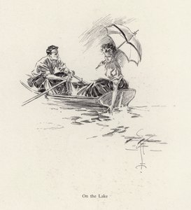 झील पर नौकायन नाव में आदमी और औरत (लिथो)