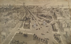 मैनहट्टन ब्रिज का ब्रुकलिन प्लाजा, c.1917 (भारत स्याही और वाश अपारदर्शी सफेद के साथ छुआ)