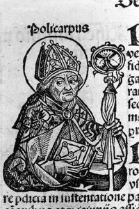 स्मिर्ना के सेंट पॉलीकार्प का पोर्ट्रेट (ca. 69-155), eveque। Schedel Hartmann (1440-1514) द्वारा "" क्रॉनिकल्स ऑफ़ नूर्नबर्ग"" से उत्कीर्णन द्वारा हार्टमैन शेडेल