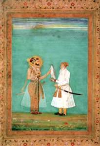 बादशाह शाहजहाँ और एक बाज़ के साथ एक बुजुर्ग दरबारी, c.1650 द्वारा हाशिम हाशिम