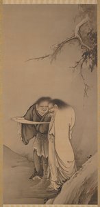 चीनी ताओवादी अमर, हान-शान और शिह-ते कंज़न और जिट्टोकू, मीजी युग, 1886। द्वारा हाशिमोतो गहो
