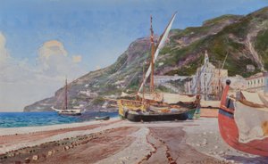 Amalfi, H.Hermanns द्वारा समुद्र तट - वॉटरकलर पर मछली पकड़ने वाली नावें द्वारा हेनरिक हर्मन