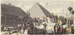 प्राचीन मिस्र में पिरामिडों का निर्माण (रंगीन उत्कीर्णन) द्वारा हेनरिक लेउटेमन
