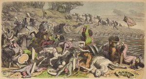 फारसियों के साथ लड़ाई में मैसेडोनियन फालानक्स (रंगीन उत्कीर्णन) द्वारा हेनरिक लेउटेमन