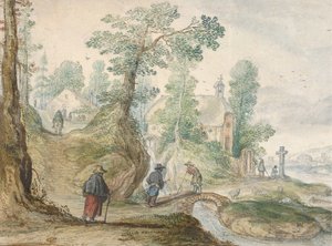 एक चर्च और फिगर के साथ एक वुडेड रिवर लैंडस्केप, सीए। 1613. द्वारा हेंड्रिक एवरकैंप