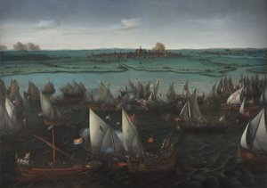 हरलेरमेरियर पर डच और स्पेनिश जहाजों के बीच लड़ाई, c.1629 (कैनवास पर तेल)