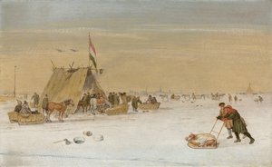एक कोक-एन-जोपी तम्बू द्वारा बर्फ पर आंकड़े के साथ एक शीतकालीन परिदृश्य