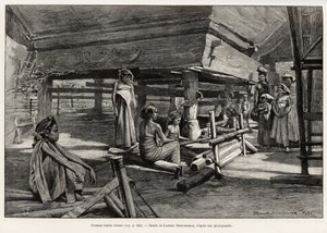 बटक महिला, उत्तर सुमात्रा जातीय समूह, बुनाई। 1889-1890 में जूल्स क्लेन (1856-1939) द्वारा, "" मलेशिया में एक वर्ष" कहानी को चित्रित करने के लिए लॉरेंट डेसरौस्यू द्वारा उत्कीर्ण, ले टूर डू मोंडे 1892 में, एडौर्ड चार्टन द्वारा निर्देशित (1807-