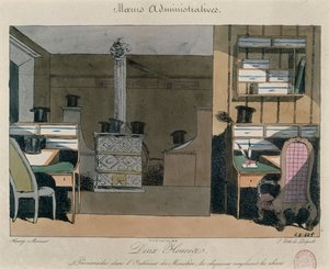लंच के दौरान पेरिस के एक कार्यालय में दृश्य, c.1830 (रंग उत्कीर्णन) द्वारा हेनरी बोनावेंट मुन्नियर