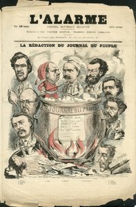 एल अलार्म के कवर के लिए हेनरी डेमारे (1846-1888) द्वारा चित्रण - ड्राफ्टर्स, प्रेस / मीडिया, सत्यापनकर्ता तिथियां - हम्बर्ट अल्बर्ट, कैसेस जर्मेन, अर्नोल्ड आर्थर, पत्रकार, डी फोन्विएल उल्रिक, कैवेली जॉर्जेस, नोयर एल, मौरोट ई, एने एफ, माइटी जी द्वारा हेनरी डेमरे