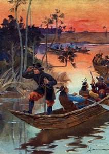 रेने रॉबर्ट कैवेलियर डी ला सैले (1643-1687), फ्रांसीसी खोजकर्ता और उनके साथी फ्रांस के लिए मिसिसिपी नदी पर उतरते हुए द्वारा हेनरी गैस्टन डारिएन
