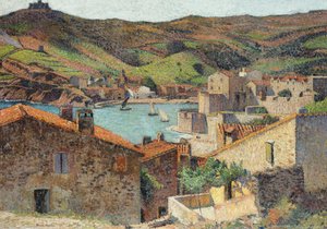 पोर्ट के एक दृश्य के साथ Collioure के गांव,