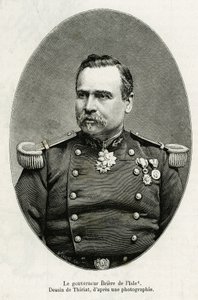 गवर्नर लुइस ब्रिएरे डी ल आइल (1827-1896), फ्रांसीसी जनरल और औपनिवेशिक प्रशासक का पोर्ट्रेट। 1880-1881 में समुद्री पैदल सेना के कमांडर गैलिएनी द्वारा हौट नाइजर में अन्वेषण की कहानी को चित्रित करने के लिए थिरिएट द्वारा उत्कीर्णन, टू में प्रकाशित