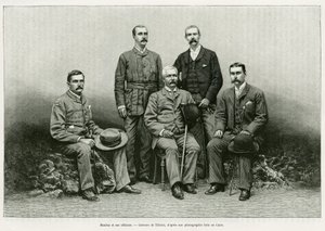 हेनरी मॉर्टन स्टेनली (जॉन रॉलैंड्स 1841-1904) का पोर्ट्रेट उनके अधिकारियों को बाईं ओर से घेरे हुए है: डॉ थॉमस हेज़ल पार्के (1857-93), रॉबर्ट एच। नेल्सन, विलियम जी। सीढ़ियों और आर्थर जेएम जेफसन। थिरिएट द्वारा उत्कीर्णन, कहानी को चित्रित करने के लिए डैन लेस  द्वारा हेनरी थिरिअत