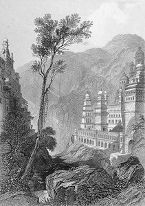 जैन मंदिर, मुक्तागेरी, फाइंडेन द्वारा उकेरा गया, 'विश्व धर्म' से, ए. फुलर्टन एंड कंपनी द्वारा प्रकाशित (उत्कीर्णन)