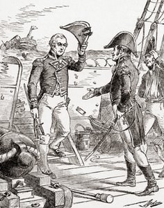 एचएमएस गुइरियारे के कैप्टन डकरेस आत्मसमर्पण करते हैं और 1812 के युद्ध के दौरान उनकी हार के बाद यूएसएस संविधान में सवार कैप्टन हल को अपनी तलवार प्रदान करते हैं, द हिस्ट्री ऑफ अवर कंट्री से, 19 प्रकाशित द्वारा हेनरी अलेक्जेंडर ओग्डेन
