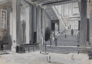 ब्रिटिश संग्रहालय का आंतरिक दृश्य मुख्य सीढ़ी को दर्शाता है, 1884