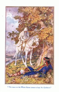 सफ़ेद घोड़े पर सवार व्यक्ति 1912 सेंट स्टीथबर्ट को ठीक करने आता है द्वारा हेनरी जस्टिस फोर्ड