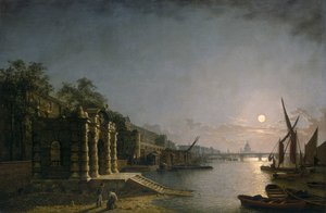 यॉर्क वॉटर गेट और चांदनी द्वारा नदी से एडेल्फी, c1850। द्वारा हेनरी पेदर