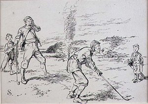 एब्सेंट माइंडेड गोल्फर, 'ग्राफिक' पत्रिका, पब से चित्रण। c.1870 (लिथो) द्वारा हेनरी सैंडरिकॉक