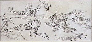 द अटैकेड गोल्फर, 'ग्राफिक' पत्रिका, पब से चित्रण। c.1870 (लिथो)