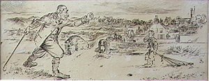 द फ्यूरियस गोल्फर, 'ग्राफिक' पत्रिका, पब से चित्रण। c.1870 (लिथो)