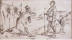 सेल्समैन द्वारा परेशान किए जा रहे गोल्फर, ग्राफिक पत्रिका, पब के चित्रण ग, 1870 द्वारा हेनरी सैंडरिकॉक