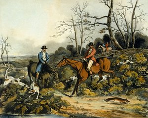 ब्रेकिंग कवर, 'फॉक्स हंटिंग' से, थॉमस सदरलैंड द्वारा उकेरा गया (1785-1838) 1817 (कलर लिथो) द्वारा हेनरी थॉमस (बाद में) अल्केन