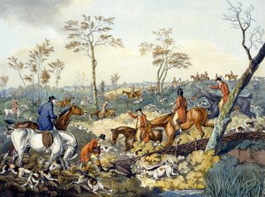 थॉमस सदरलैंड (1785-1838) (कलर लिथो) द्वारा उकेरी गई 'फॉक्सहंटिंग' से एक आवरण खींचना