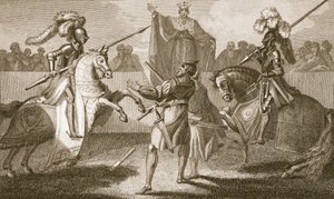 रिचर्ड द्वितीय ने हर्डफोर्ड और नॉरफ़ोक के बीच द्वंद्वयुद्ध को निलंबित कर दिया, डेविड ह्यूम के &39;द हिस्ट्री ऑफ़ इंग्लैंड&39;, से चित्रण पब। आर। बाउयर, लंदन, 1812 द्वारा