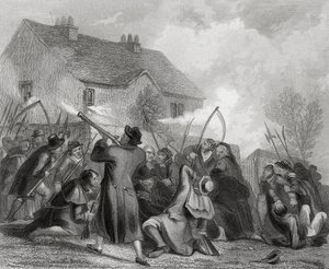 1848 में, थॉमस राइट द्वारा &39;द हिस्ट्री ऑफ आयरलैंड&39; से, बैलिंरिंग, काउंटी टिप्पररी, आयरलैंड में स्मिथ ओ&39;ब्रायन के तहत लोगों पर पुलिस द्वारा हमला