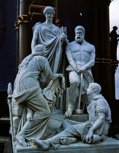 निर्माण, अल्बर्ट मेमोरियल से मूर्तिकला समूह, 1876 में पूरा हुआ (ग्रेनाइट)