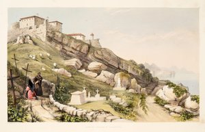 राष्ट्रीय संगीत के चयन के साथ, स्पेन के बास्क प्रांतों में दृश्यों के रेखाचित्रों से सैन सेबेस्टियन के कैसल हिल पर ब्रिटिश अधिकारियों का दफन स्थान पब। 1838 (हाथ के रंग का एंग्राविन) द्वारा हेनरी विल्किंसन