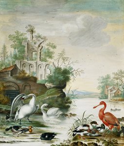 स्वांस, एक चम्मच, एक मल्लार्ड, एक कबूतर और एक नदी के नीचे अन्य बतख, 1694 के नीचे