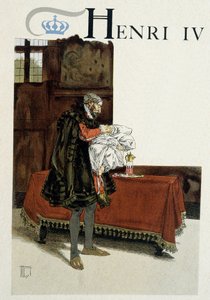 हेनरी चतुर्थ (1553-1610) का जन्म, उनके दादा (हेनरी डी'अल्ब्रेट या नवरे के हेनरी द्वितीय (1517-1555) ने अपनी बाहों में नया नी पकड़कर लहसुन की एक लौंग के अपने होंठ रगड़े। हरमन वोगेल द्वारा चित्रण (1856- 1918) "" हेनरी IV "" में द्वारा हरमन वोगेल
