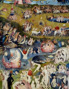 पृथ्वी के आनंद का आनंद लेते पुरुष और महिलाएं हिरोनिमस वैन एकेन (एकेन) द्वारा जेरोम बॉश (1450-1516) द्वारा "द गार्डन ऑफ़ टेरेस्ट्रियल डेलिसेस" के ट्राइप्टिक के मध्य भाग का विवरण द्वारा हिरेमस बॉश