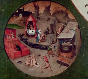 सात घातक पापों का टेबलटॉप और चार अंतिम चीजें, नर्क का विवरण, c.1480 (पैनल पर तेल) द्वारा हिरेमस बॉश