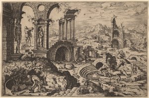खंडहरों के साथ एक परिदृश्य में सेंट जेरोम द्वारा Maerten van Heemskerck . के बाद Hieronymus कॉक