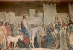पाम रविवार को यरूशलेम में मसीह का प्रवेश: निवासियों ने जैतून की शाखाओं को लेकर, फर्श पर अपने कपड़े फैलाकर खुशी के साथ उनका स्वागत किया। हाइपोलिथे फ्लैंड्रिन (1809-1864) द्वारा 19वीं सदी के चर्च ऑफ सेंट जर्मेन डेस प्रेसी, पेरिस द्वारा एक फ्रेस्को का विवरण