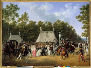 किंग लुई XVIII (1755-1824) ने नेपल्स की मैरी कैरोलिन फर्नांडी लुईस, बेरी की भावी डचेस, फॉनटेनब्लियू के जंगल में, सेंट-हेरेम के क्रॉस पर प्राप्त करते हुए द्वारा Hippolyte Lecomte