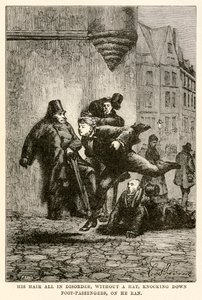जूल्स वर्ने (1828-1905) द्वारा लुई द्वारा उकेरी गई 'अराउंड द वर्ल्ड इन अस्सी डेज़' से, बिना टोपी के, पैदल यात्रियों को नीचे गिराते हुए, उसके बाल अस्त-व्यस्त थे द्वारा हिप्पोलीटे लियोन (बाद में) बेनेट